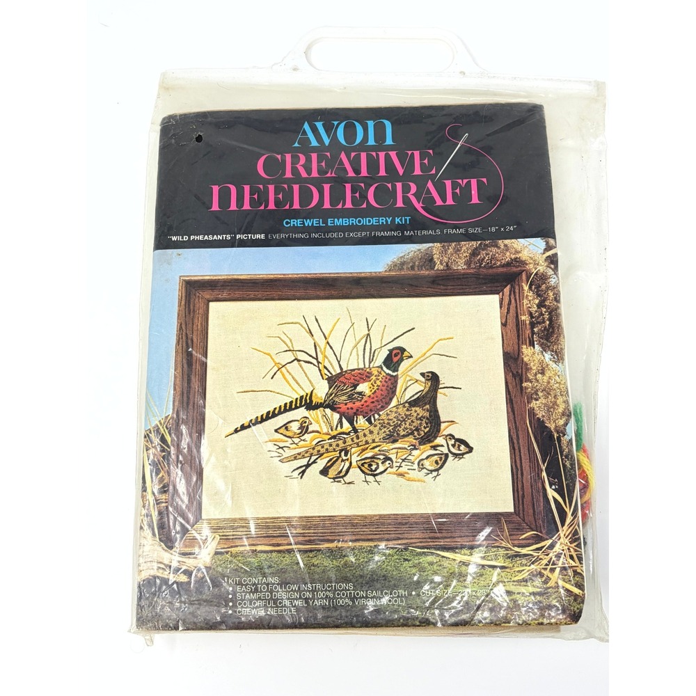 Vintage Avon Creative Needlecraft Wild Pheasants Crewel Embroidery Kit 18x24